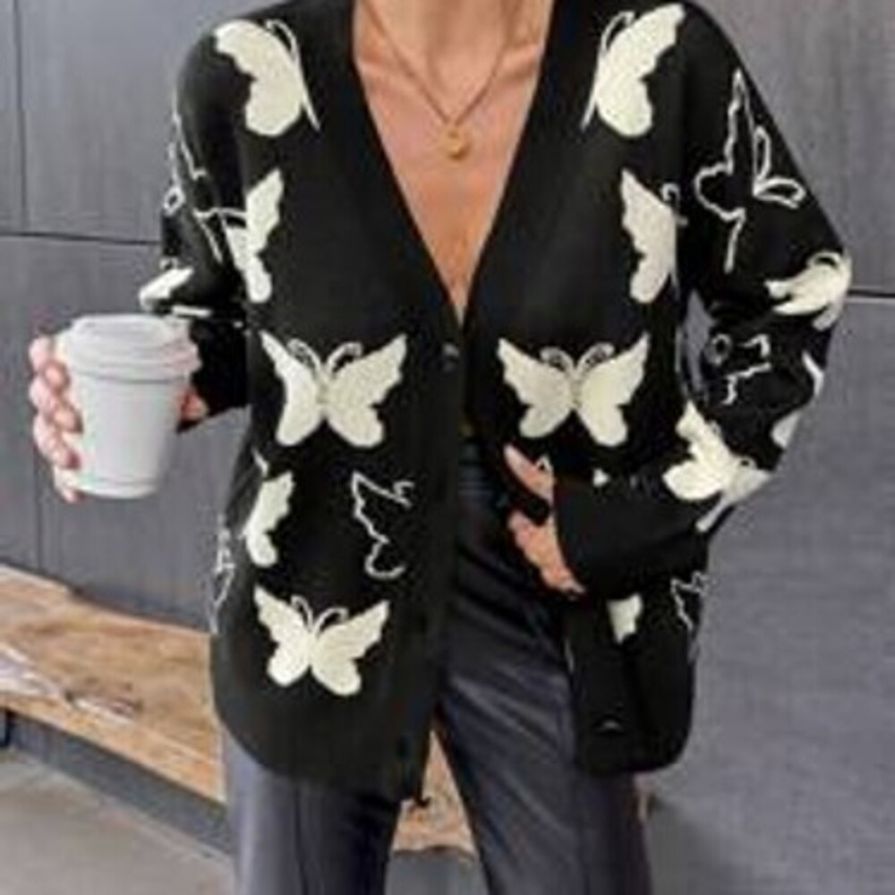 Women's Long Sleeve Butterfly Jacquard Embellished Knit Cardigan, Autumn & Wint…